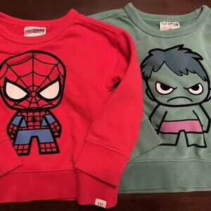 Gap Kids Marvel Spider-Man Hulk Sweatshirts 2T & 3T
